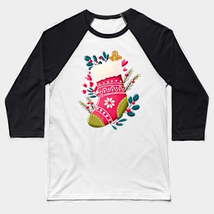 Christmas stocking with decoration on mint background. Cute festive winter holiday illustration. Bright colorful pink and blue design. Baseball T-Shirt